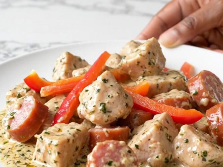 A slow cooker filled with creamy chicken, Italian sausage, and bell peppers in a rich herb sauce.