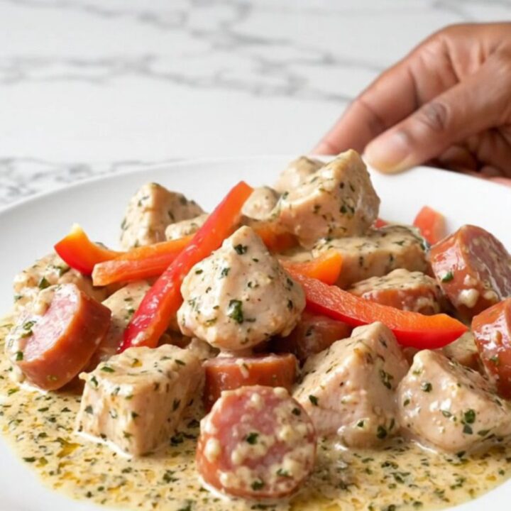 A slow cooker filled with creamy chicken, Italian sausage, and bell peppers in a rich herb sauce.