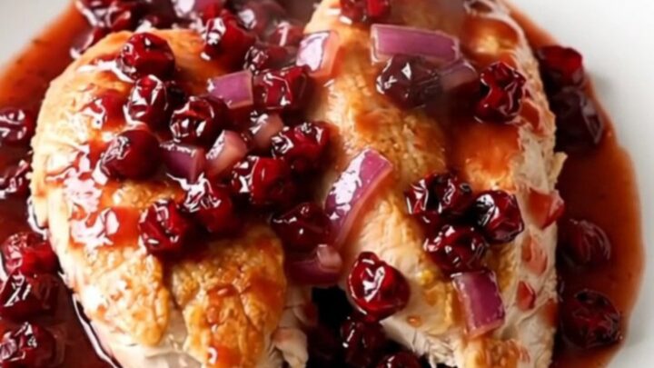 Crockpot cranberry chipotle chicken breasts served on a white plate with a thick, glossy red sauce.