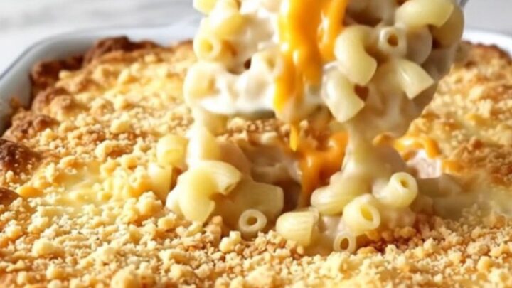 A top-down view of a rectangular baker filled with macaroni and cheese topped with crushed crackers.