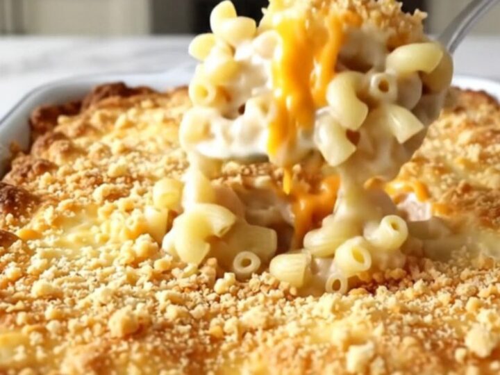 A top-down view of a rectangular baker filled with macaroni and cheese topped with crushed crackers.