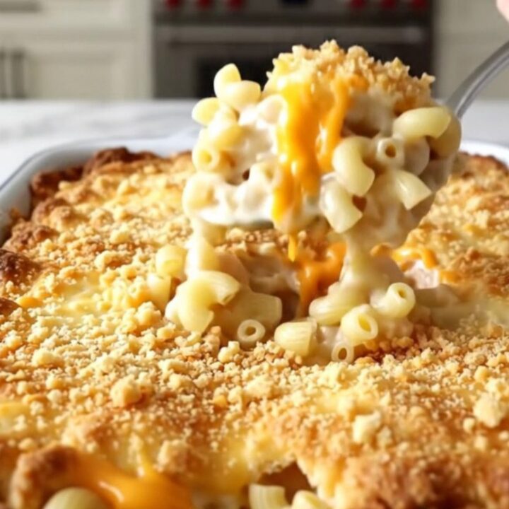 A top-down view of a rectangular baker filled with macaroni and cheese topped with crushed crackers.