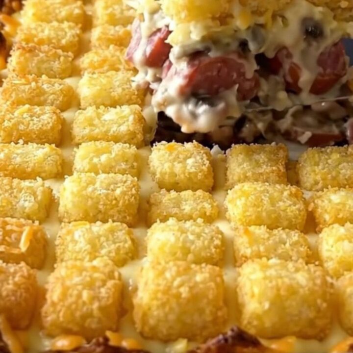 A ceramic baking dish filled with a creamy mushroom sausage hotdish topped with golden brown potato tots.