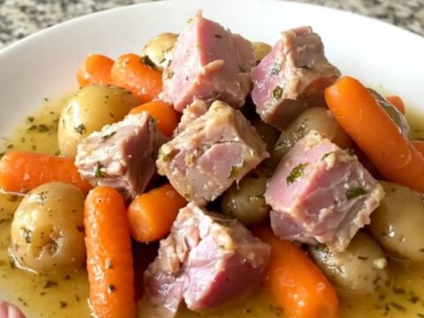 A close-up of a slow cooker filled with chunks of cooked ham, baby carrots, and halved potatoes in a savory broth.