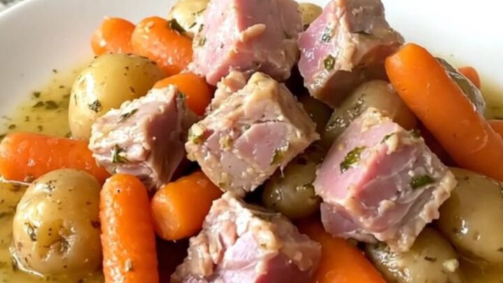 A close-up of a slow cooker filled with chunks of cooked ham, baby carrots, and halved potatoes in a savory broth.