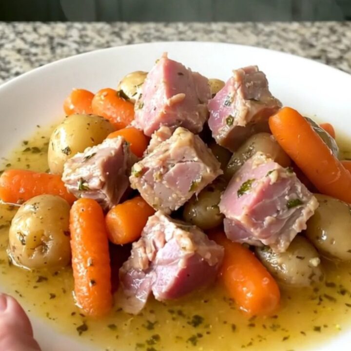 A close-up of a slow cooker filled with chunks of cooked ham, baby carrots, and halved potatoes in a savory broth.