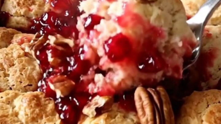 A warm, golden cranberry pecan biscuit bake in a white ceramic dish.