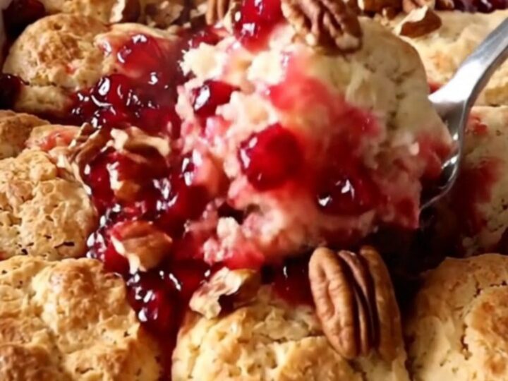 A warm, golden cranberry pecan biscuit bake in a white ceramic dish.