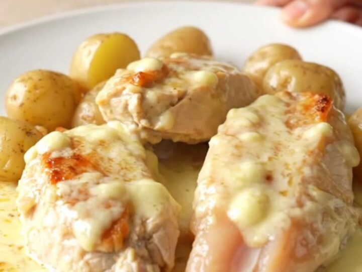 A high-angle shot showing tender chicken breasts and halved baby potatoes covered in a rich
