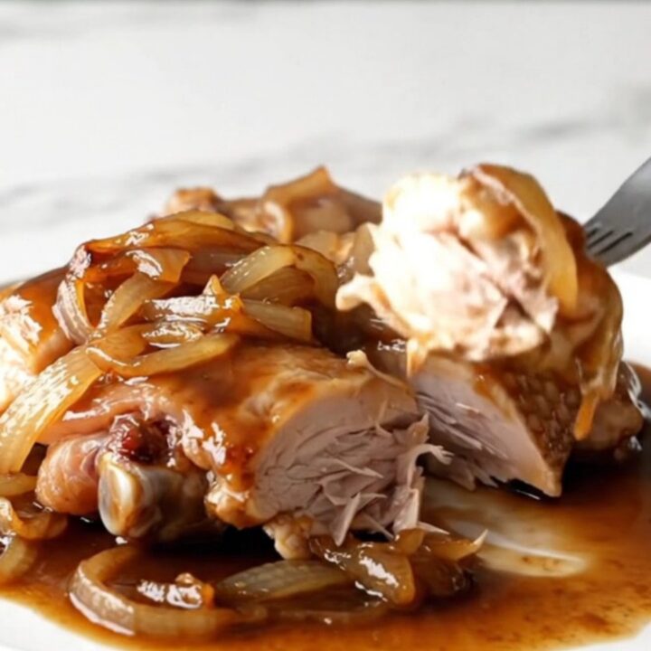 A close-up of slow-cooked chicken thighs in a dark, rich sauce with onions, served on a white plate.