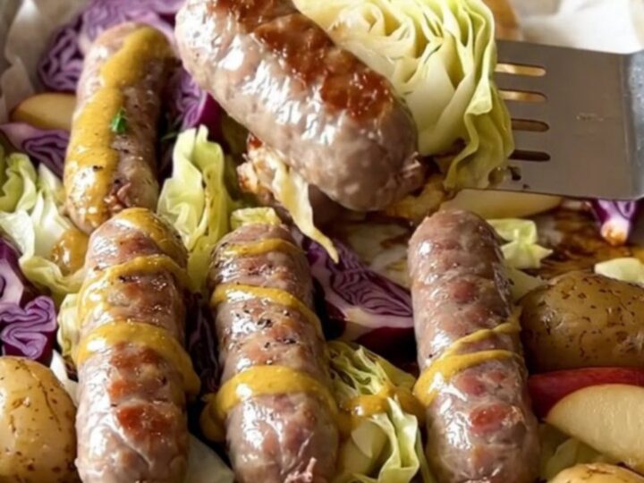 A sheet pan filled with golden-brown bratwurst, purple cabbage wedges, halved baby potatoes, and roasted apples.