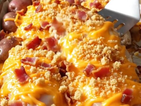 A golden, cheesy sheet pan chicken and potato dinner fresh from the oven.