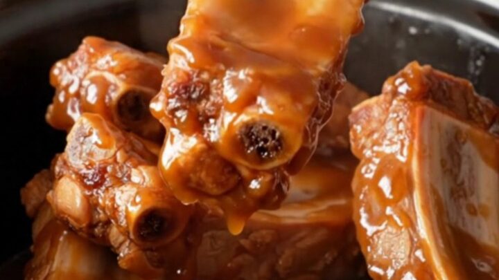 A bowl of slow-cooked boneless spareribs glazed in a rich, dark red-brown sauce.