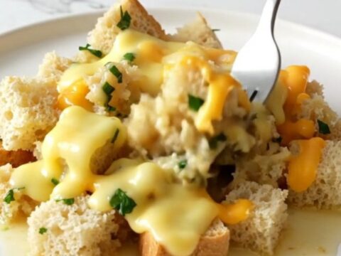 A close-up view of the golden, cheesy slow cooker stuffing served on a white plate.