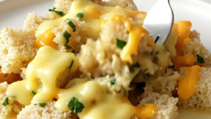 A close-up view of the golden, cheesy slow cooker stuffing served on a white plate.