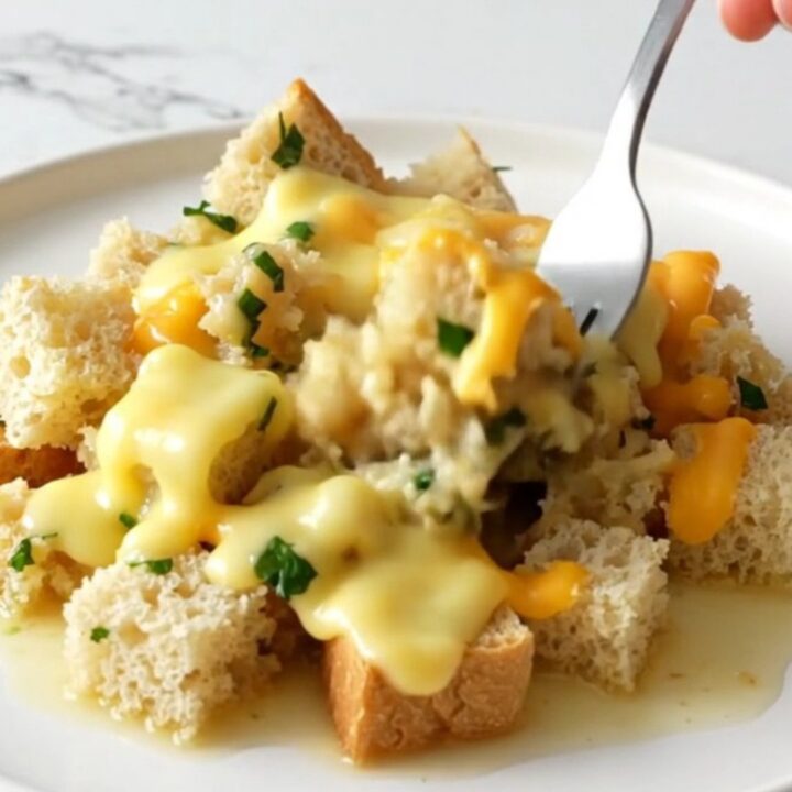 A close-up view of the golden, cheesy slow cooker stuffing served on a white plate.
