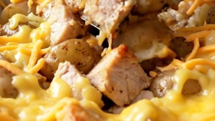 A sheet pan filled with roasted chicken chunks and baby potatoes topped with melted cheddar cheese.