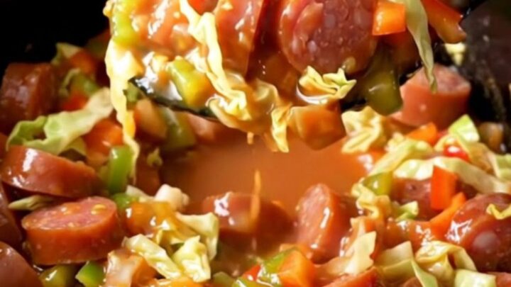 A close-up of the slow cooker filled with tender green cabbage, red and green bell peppers