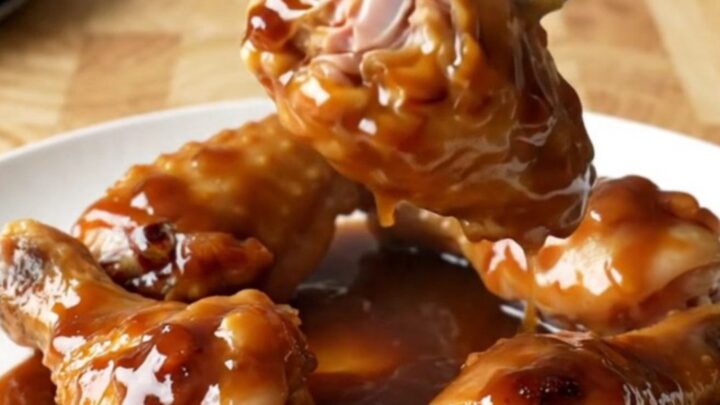A close-up of mahogany-glazed chicken wings in a slow cooker, looking tender and sticky.