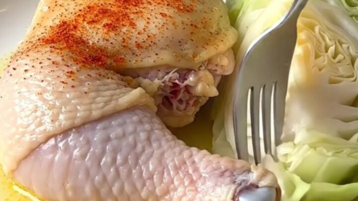Slow cooker chicken thighs with smoky paprika and cabbage in a black stoneware insert.