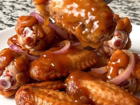 A platter of slow-cooked chicken wings coated in a glossy, dark reddish-brown maple chipotle glaze.