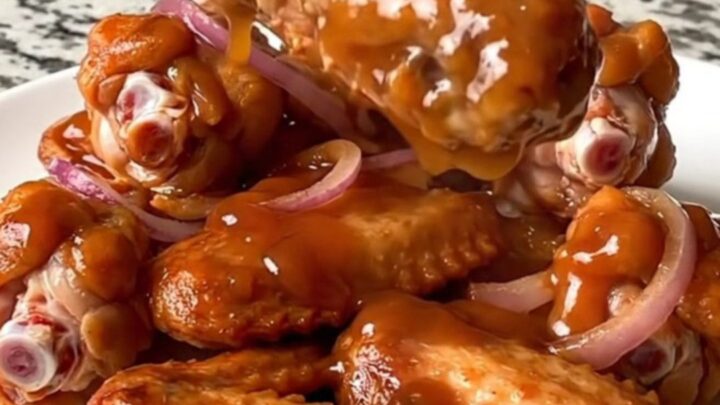 A platter of slow-cooked chicken wings coated in a glossy, dark reddish-brown maple chipotle glaze.