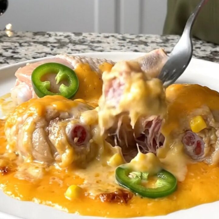A close-up of tender chicken drumsticks smothered in a creamy corn and cheese sauce with jalapeno slices.