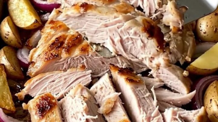 A sheet pan filled with golden roasted potato wedges, tender red onions, and a sliced turkey slab, topped with crumbled feta.