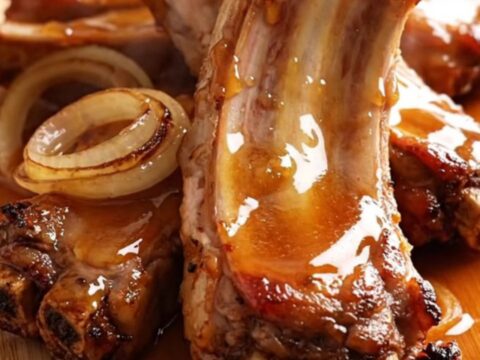 A close-up of tender, glazed pork spareribs arranged on a wooden board with a shiny, thick honey sauce.