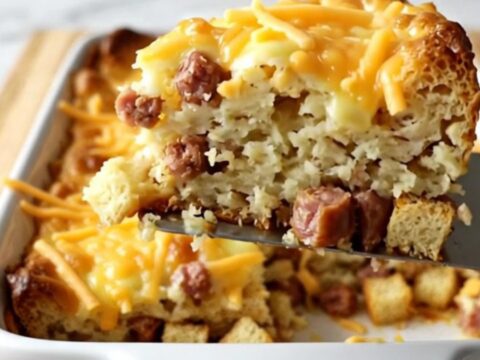A golden, puffed breakfast casserole in a ceramic dish, topped with melted sharp cheddar cheese.