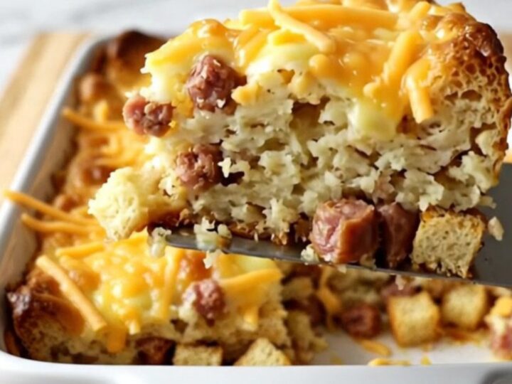 A golden, puffed breakfast casserole in a ceramic dish, topped with melted sharp cheddar cheese.