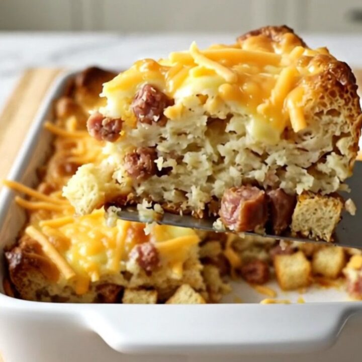 A golden, puffed breakfast casserole in a ceramic dish, topped with melted sharp cheddar cheese.