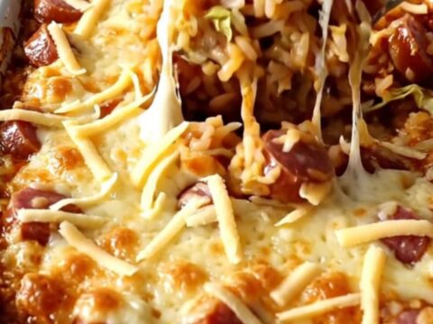 A top-down view of a rectangular baking dish filled with layers of cabbage, rice, kielbasa, and melted Swiss cheese.