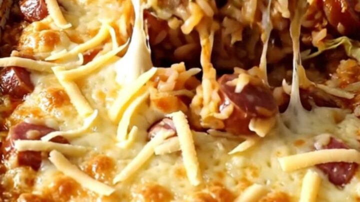 A top-down view of a rectangular baking dish filled with layers of cabbage, rice, kielbasa, and melted Swiss cheese.