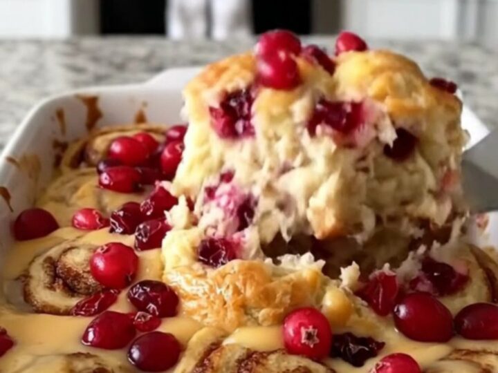 A golden, baked cranberry orange cinnamon roll dish in a white ceramic pan on a granite counter.