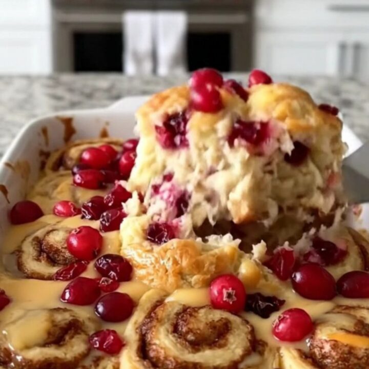 A golden, baked cranberry orange cinnamon roll dish in a white ceramic pan on a granite counter.