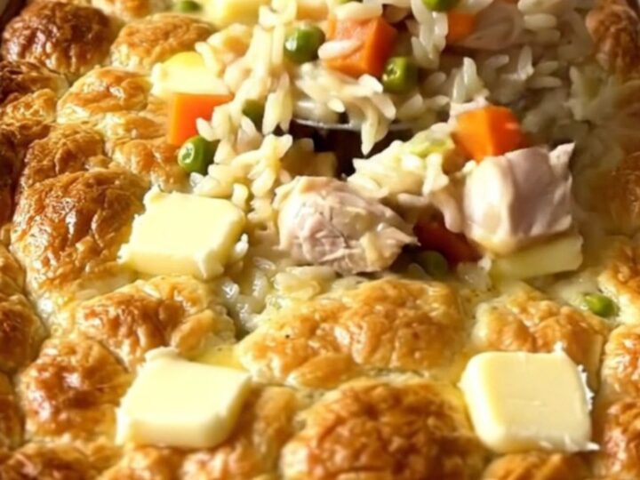A top-down view of a creamy chicken pot pie rice bake in a white ceramic dish.