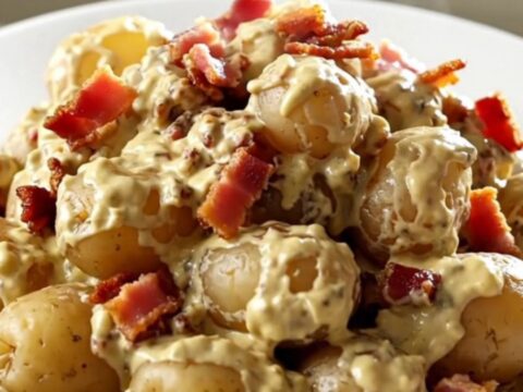 A top-down view of halved baby potatoes in a slow cooker, topped with bacon crumbles and cream cheese.