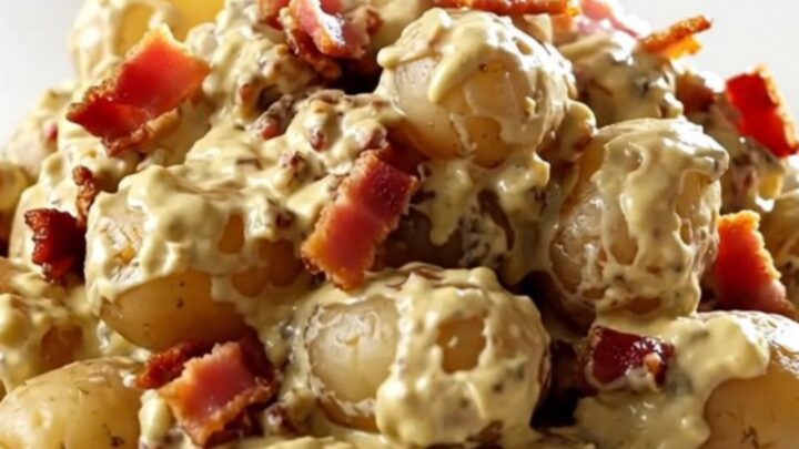 A top-down view of halved baby potatoes in a slow cooker, topped with bacon crumbles and cream cheese.