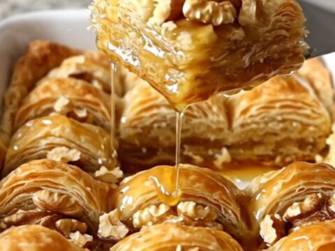 A golden, square-cut honey walnut crescent baklava bar held by a hand, showing crispy layers.