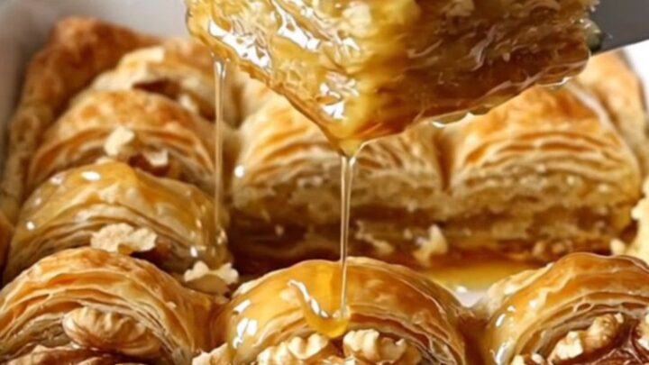 A golden, square-cut honey walnut crescent baklava bar held by a hand, showing crispy layers.