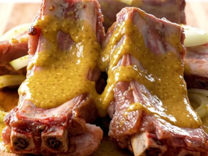 A ceramic slow cooker insert filled with tender pork spareribs coated in a thick, golden honey mustard sauce.