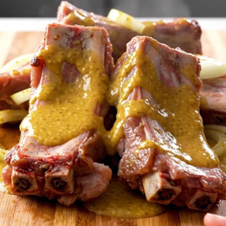 A ceramic slow cooker insert filled with tender pork spareribs coated in a thick, golden honey mustard sauce.