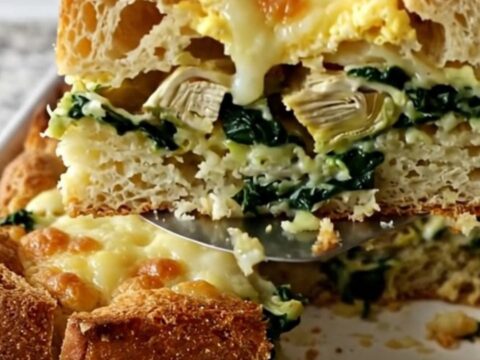 A golden-brown, freshly baked spinach artichoke breakfast strata in a white ceramic dish.