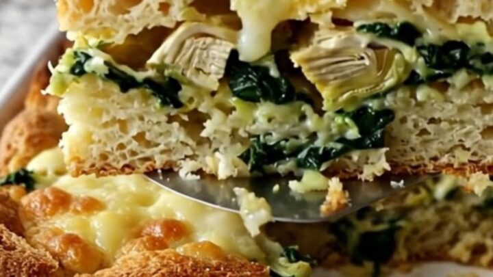 A golden-brown, freshly baked spinach artichoke breakfast strata in a white ceramic dish.