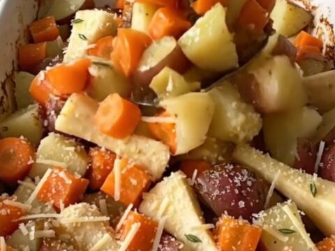A ceramic dish filled with roasted carrots, parsnips, and potatoes topped with melted honey butter and parmesan.