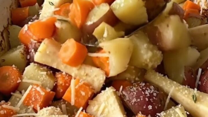 A ceramic dish filled with roasted carrots, parsnips, and potatoes topped with melted honey butter and parmesan.