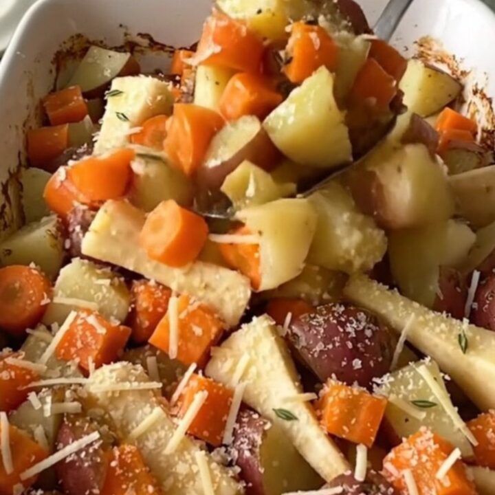 A ceramic dish filled with roasted carrots, parsnips, and potatoes topped with melted honey butter and parmesan.