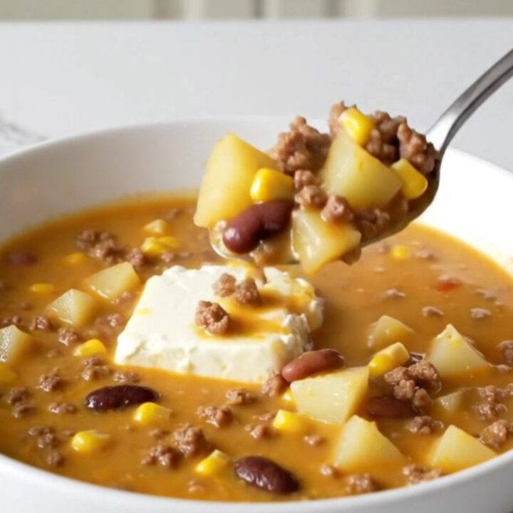 A steaming bowl of creamy cowgirl soup filled with ground beef, potato cubes, black beans, and yellow corn.