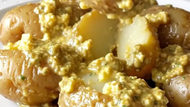 A close-up view of creamy garlic herb potatoes in a slow cooker, looking rich and appetizing.